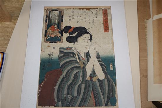 Five Japanese woodblock prints: Utagawa Kuniyoshi (1798-1961), Giving thanks for the attainment of